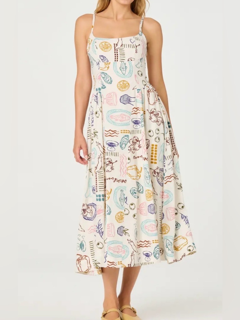 Cream Printed Sleeveless Sundress with Green & Yellow Motif